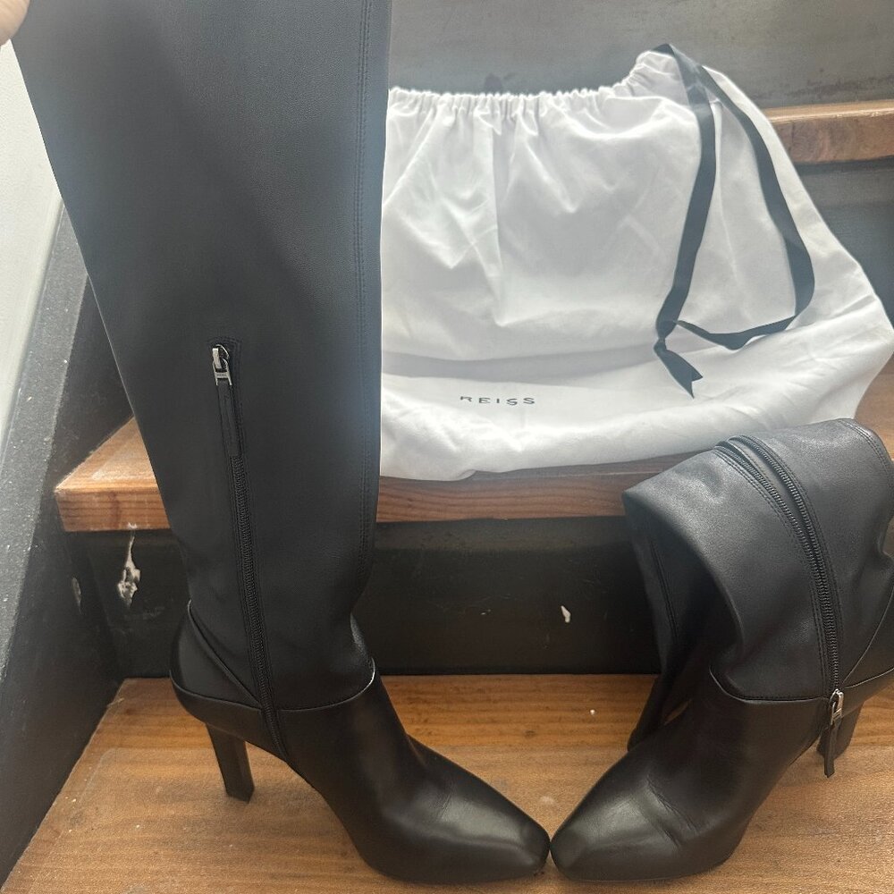 REISS Womens Carina Knee High Boots EU 40 Black 100% Leather Stiletto
